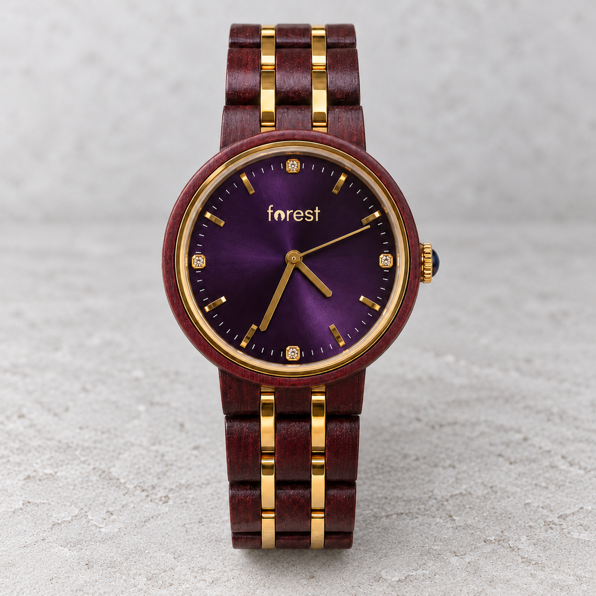 Royal rosewood watch with a purple sunburst dial and gold details on cool grey stone