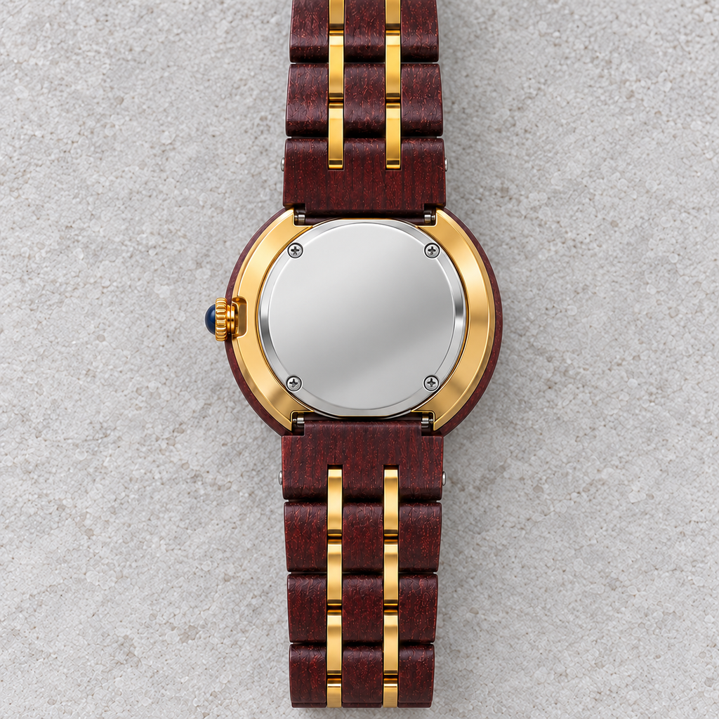 Royal watch back with a polished silver plate, gold surround and burgundy rosewood bracelet