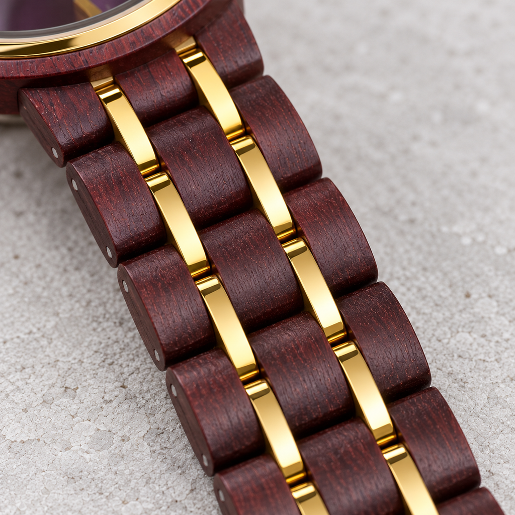 Close view of Royal’s burgundy rosewood bracelet and two narrow gold rails
