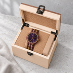 Royal purple-dial rosewood watch in its included pale wooden gift box