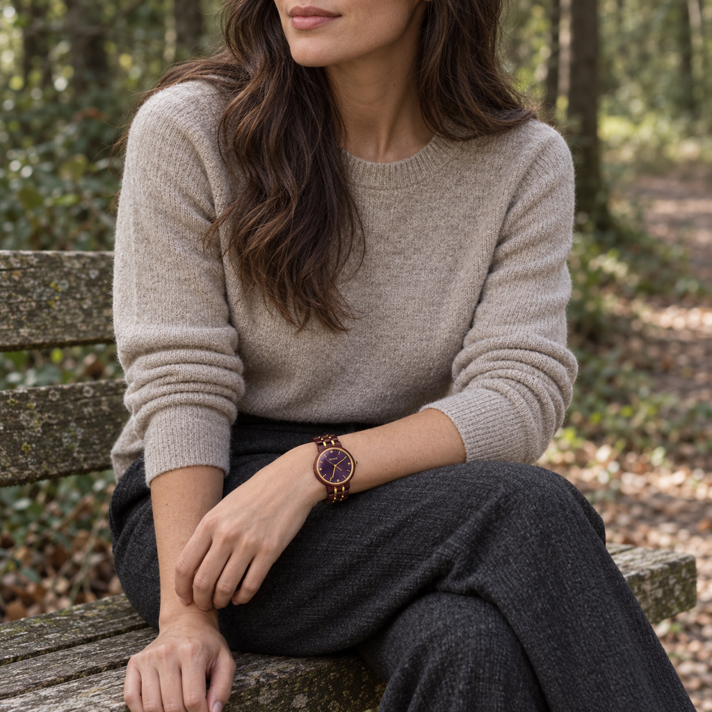 Royal watch worn with an oatmeal knit top, seated on a woodland bench