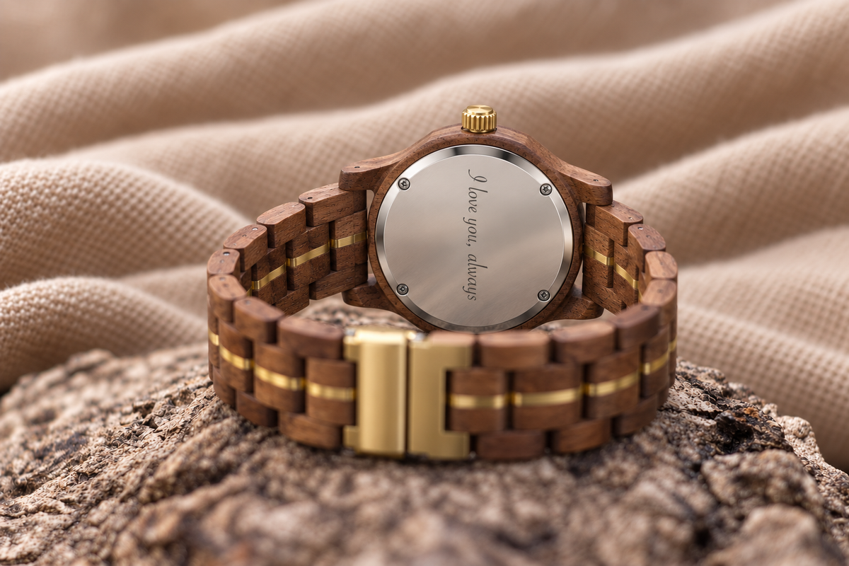 Montre en bois Windsor posée sur un rocher, fond en acier gravé « I love you, always »