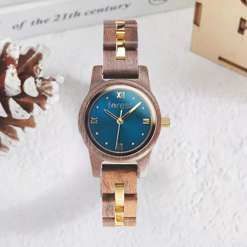 Blue dial Midnight wooden watch upright, walnut case and deep blue dial with gold numerals