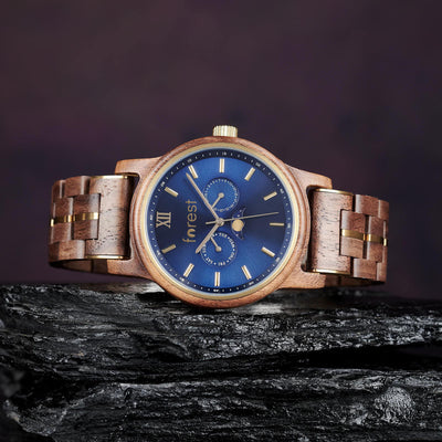 Side view of Windsor Kosso wooden watch showcasing the dark blue face