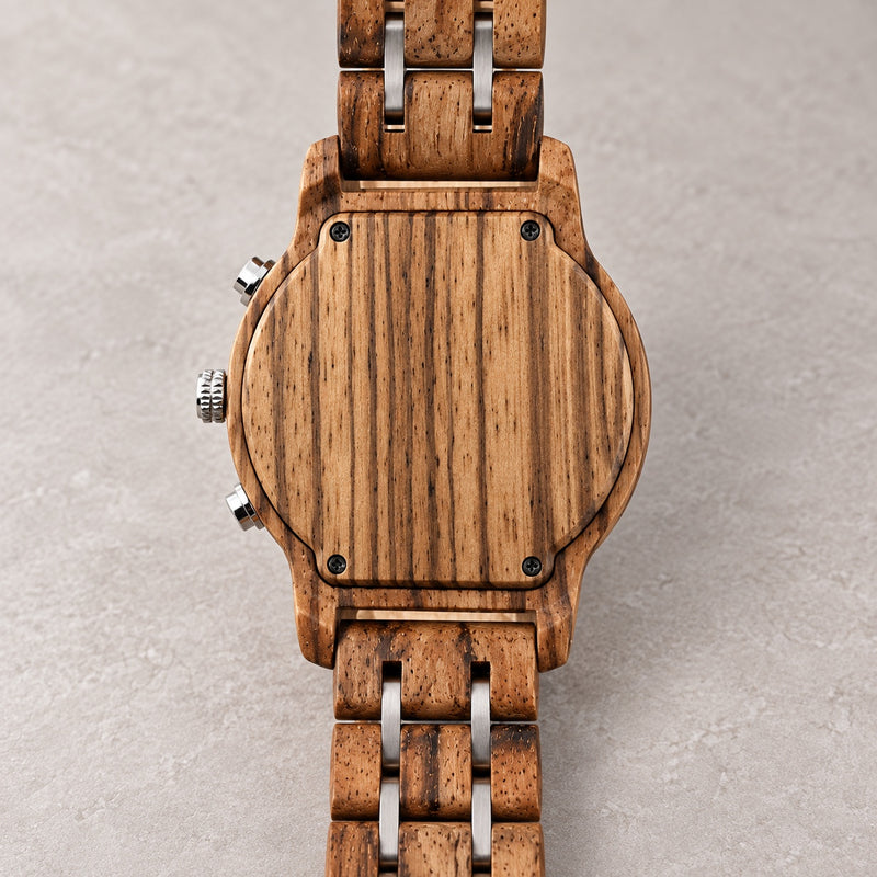 Blank wooden case back of the Ember watch with four screws, ready for personalised engraving