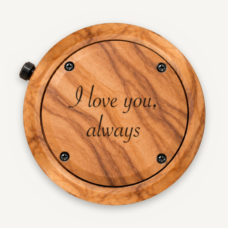 Engraving example reading I love you, always on a watch back selected for DAWN