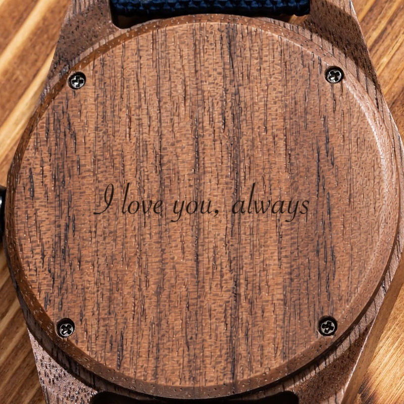 Engraving example reading I love you, always on a watch back selected for SCOUT