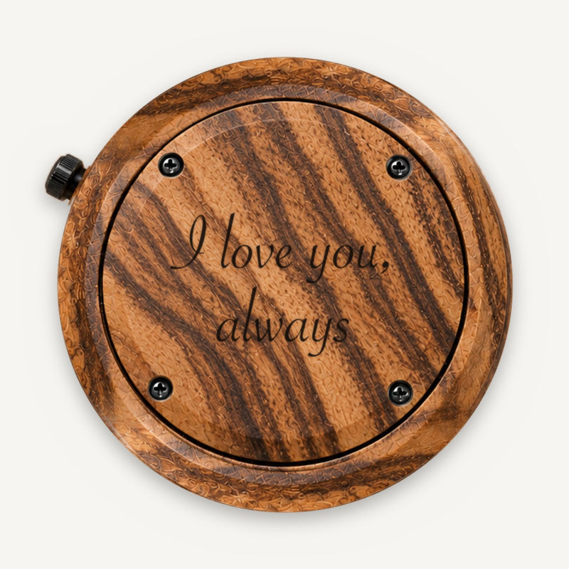 Engraving example reading I love you, always on a watch back selected for DUSK