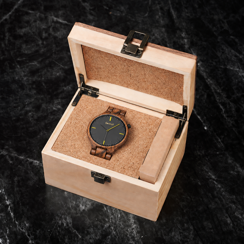 Dusk zebrawood watch resting in its included pale wooden gift box