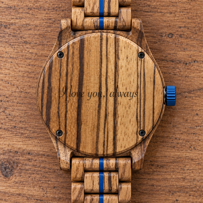 Zebrawood back of the Harbour watch with its bracelet, engraved with a message