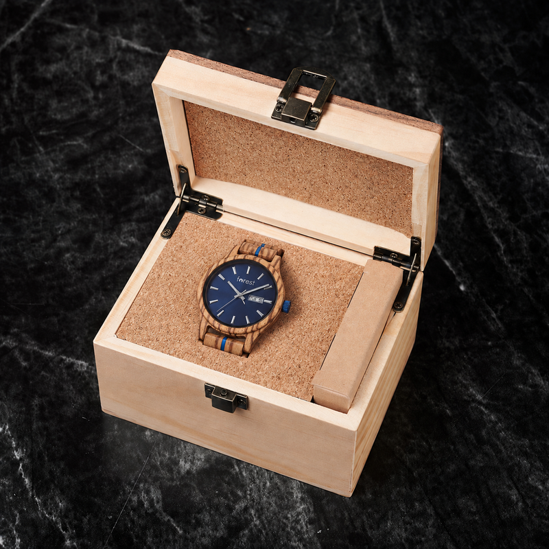 Harbour zebrawood watch resting in its included pale wooden gift box