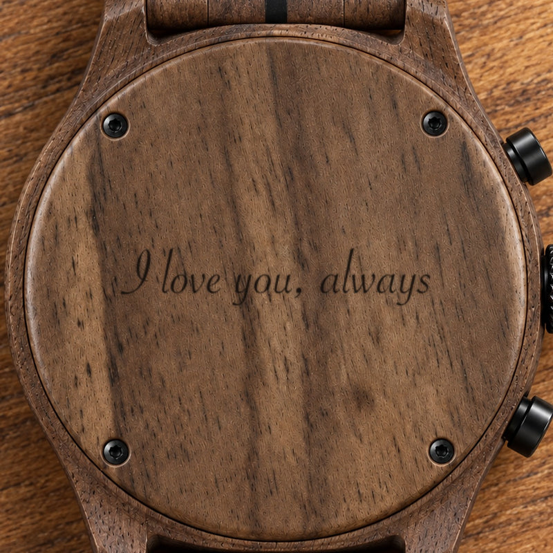 Engraving example reading I love you, always on a watch back selected for RAVEN