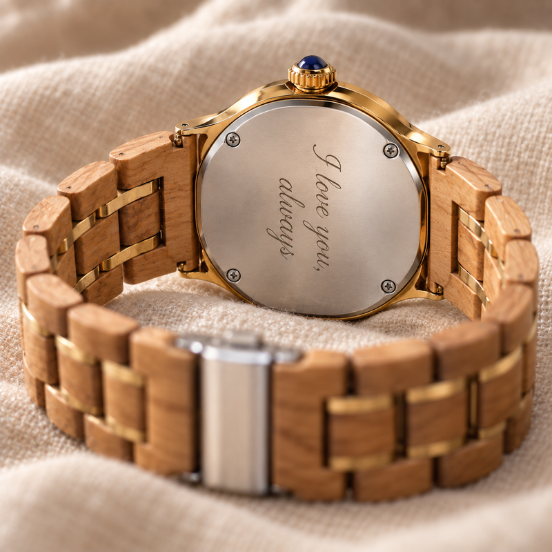Montre Ivy posée sur le côté, son fond argenté gravé visible à travers le bracelet en olivier et acier doré