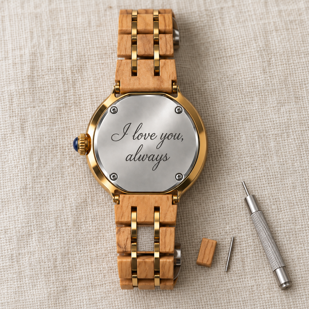 Bracelet de la montre Ivy avec un maillon retiré, sa goupille et l’outil de réglage