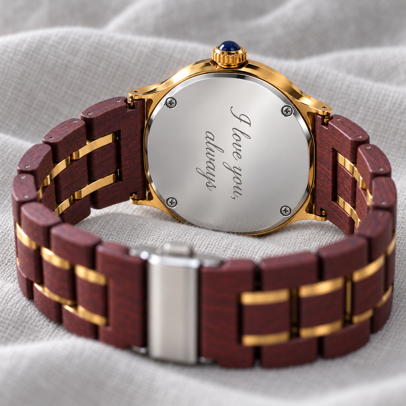 Montre Royal posée sur le côté, son fond argenté gravé visible à travers le bracelet en bois de rose et acier doré