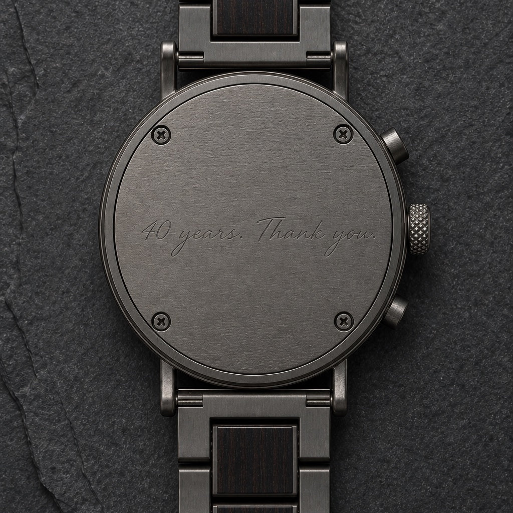 Engraving example reading 40 years. Thank you. on a watch back selected for ENGOULEVENT