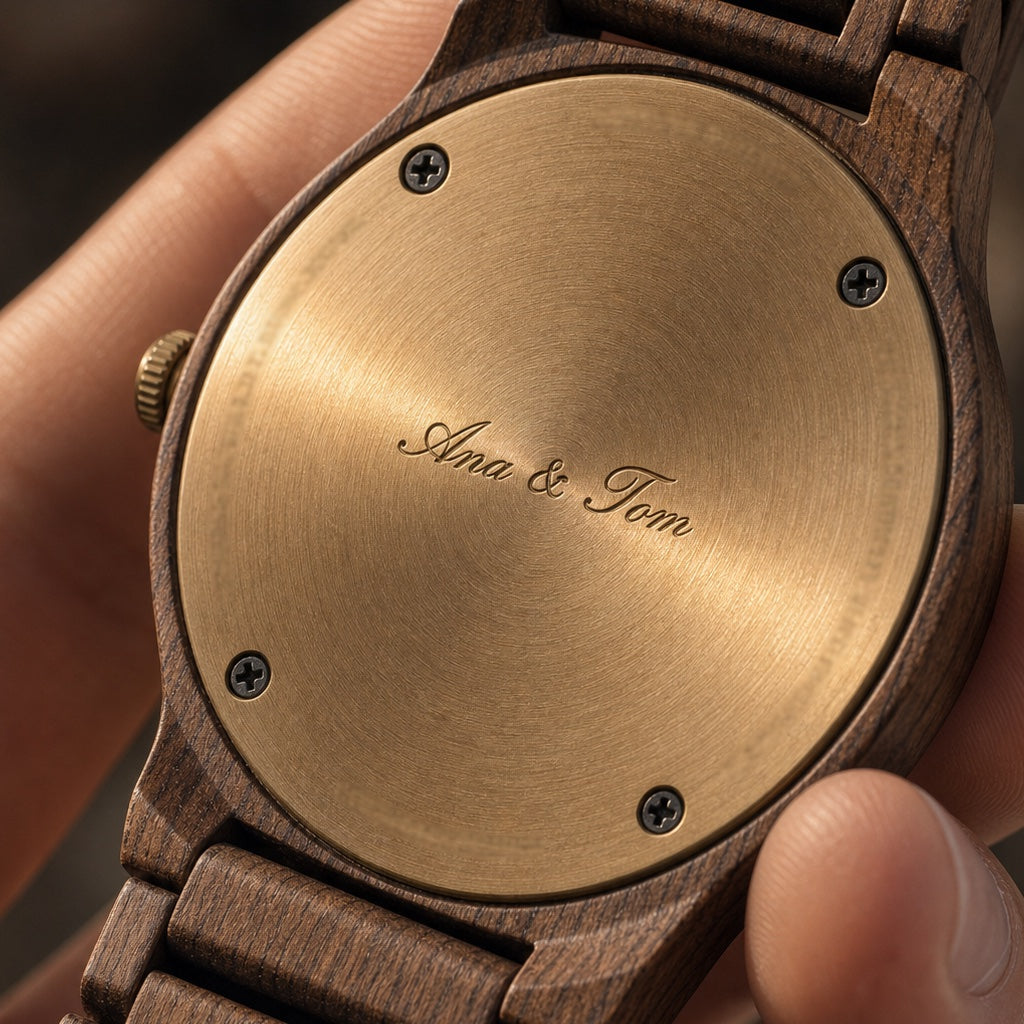 Engraving example reading Ana & Tom on a watch back selected for ALPIN