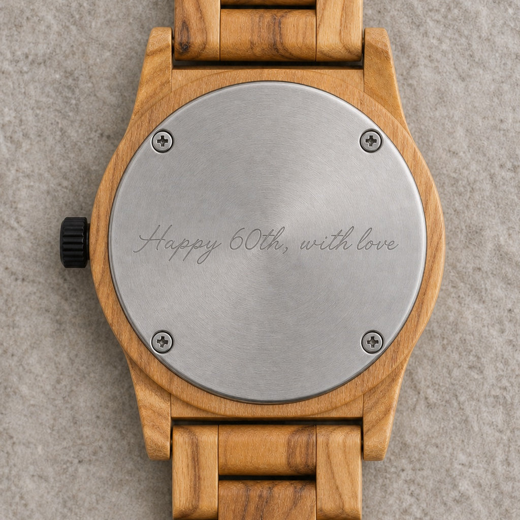 Engraving example reading Happy 60th, with love on a watch back selected for WOODHAVEN