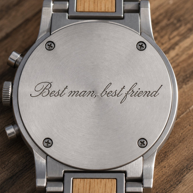 Engraving example reading Best man, best friend on a watch back selected for BARREL
