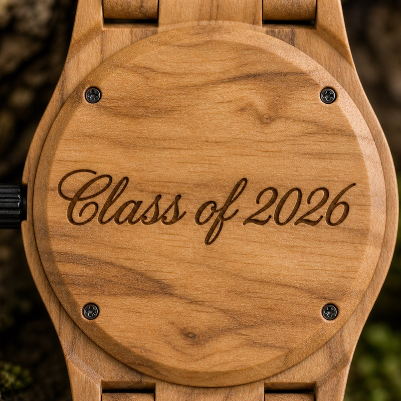 Engraving example reading Class of 2026 on a watch back selected for DAWN