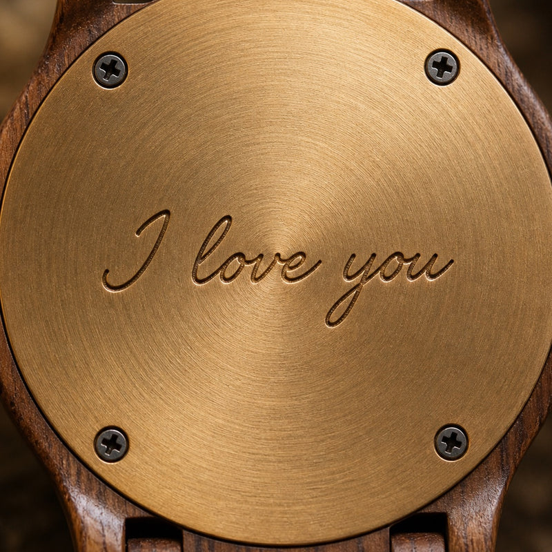Engraving example reading I love you on a watch back selected for Wood Wax